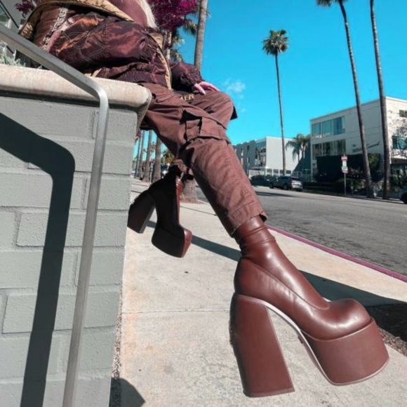 Chocolate Brown Faux Leather Chunky Platform Square Toe Knee High Boots - Picture 1 of 2